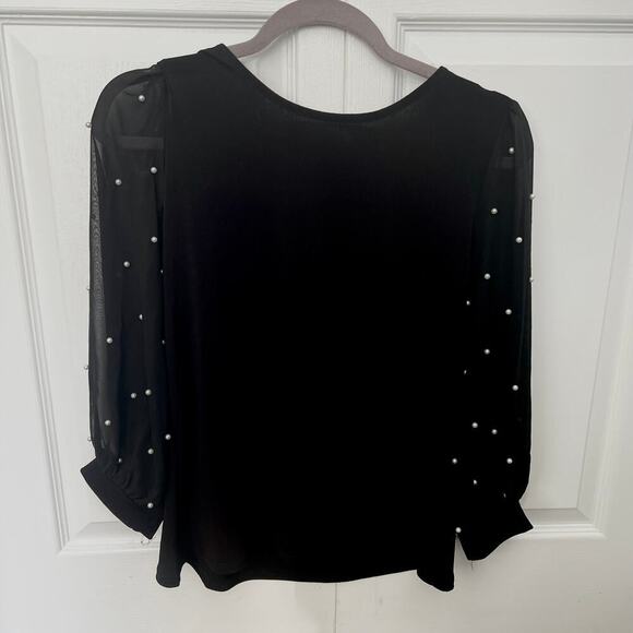 CeCe Women's Mixed Media Pearl-Stud Top in Rich Black - Small - Picture 2 of 9